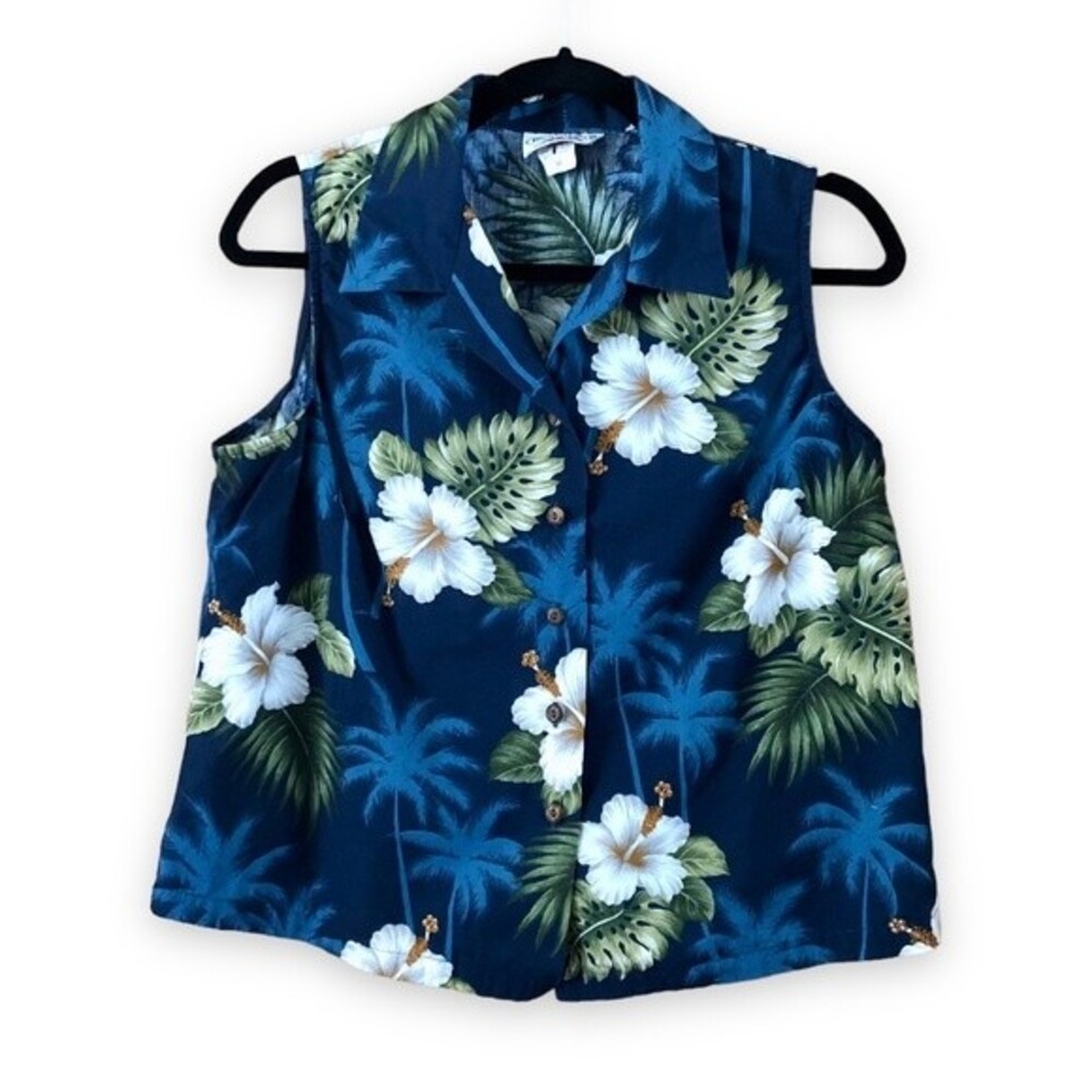 Pacific Legend Women's Sleeveless Button Blue Floral Hawaiian Size Medium